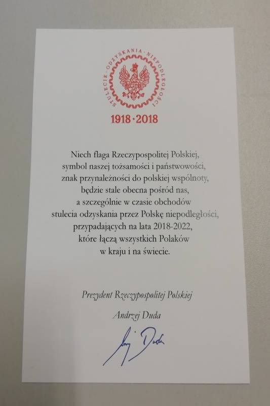 Zdjęcie: Podziękowanie od Prezydenta RP Andrzeja Dudy